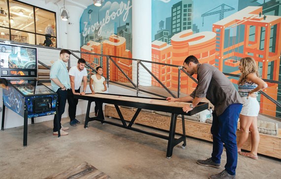 The recreation room at WeWork’s space at 175 Varick Street in Soho. Photo: therealdeal.com 