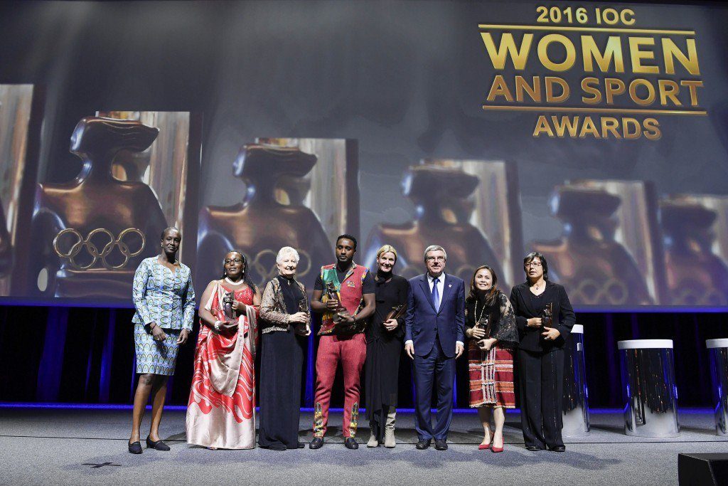 IOC President Thomas Bach with the winners of the IOC Women and Sport Trophies. Photo: International Olympic Committee