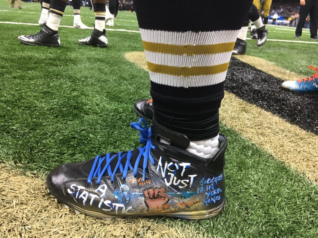 New Orleans Saints running back Mark Ingram's cleats represent the Mark Ingram Foundation, which serves children with incarcerated parents. Photo: twitter
